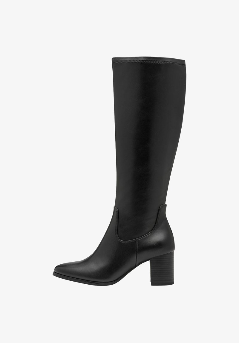 Black knee-high boots made of smooth leather. They feature a tapered toe, block heel, and elastic side panels for ease of wear.