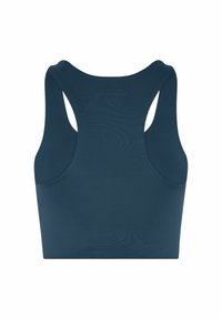 Marineblauwe racerback sportbeha met de tekst "GIRLFRIEND" gedrukt op de bovenrug, naadloos glad stoffen ontwerp.