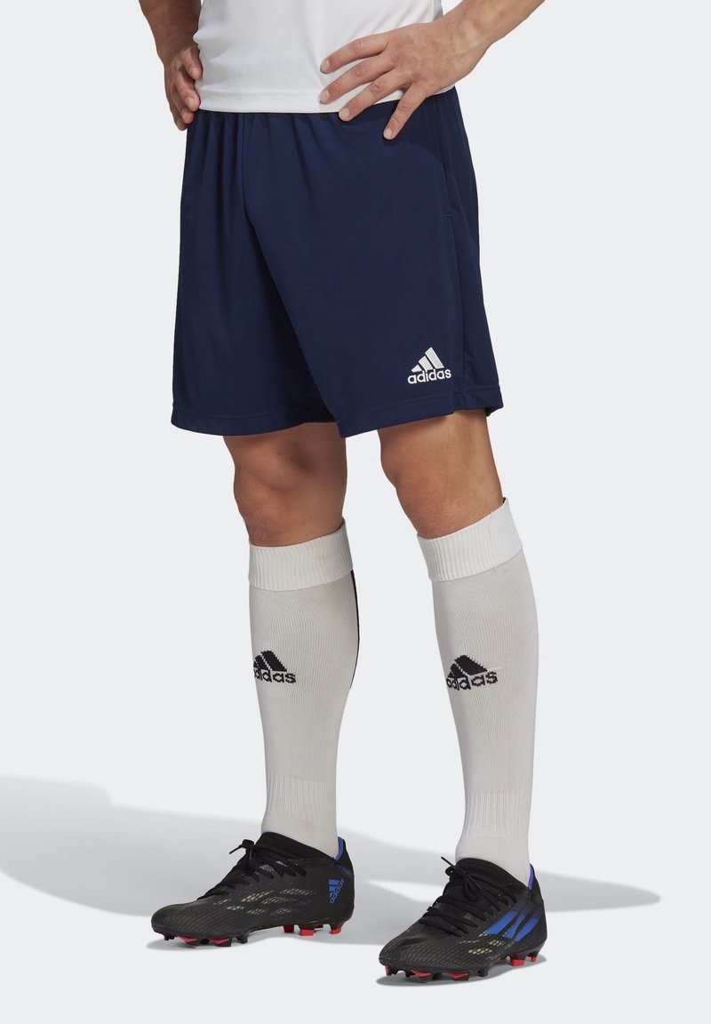 Personne portant un short Adidas bleu marine, des chaussettes blanches Adidas montant jusqu'aux genoux, et des chaussures de football Adidas noires avec des rayures bleues.