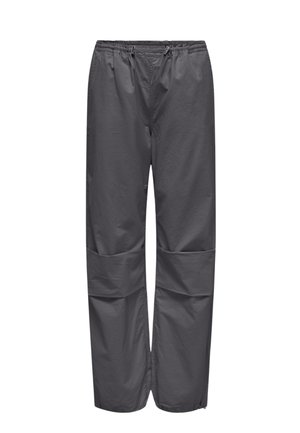 Pantaloni grigi, leggeri e impermeabili con vita elastica, coulisse regolabile e tasche a toppa inferiori; tessuto liscio e resistente.