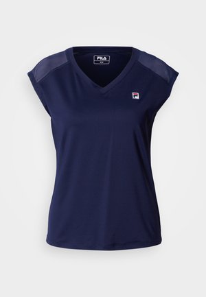 Marineblå treningsskjorte med V-hals, korte ermer og Fila-logo. Laget av pustende stoff med jevn tekstur og subtilt design.