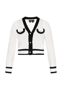 Cardigan corto bianco con dettagli neri, caratterizzato da un profondo scollo a V, bottoni dorati e due tasche sul petto con alette arrotondate. Tessuto a maglia testurizzato.