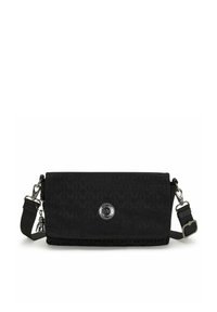 Borsa a tracolla in tessuto nero con motivo geometrico, chiusura a scatto magnetico, accentuazione del logo in argento e tracolla staccabile con dettagli in metallo.