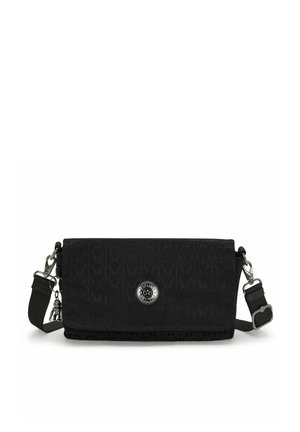 Borsa a tracolla in tessuto nero con motivo geometrico, chiusura a scatto magnetico, accentuazione del logo in argento e tracolla staccabile con dettagli in metallo.