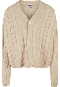 Cárdigan de punto beige con un patrón de trenzas, escote en V y cierre de botón. Presenta puños y dobladillo acanalados para un ajuste estructurado.
