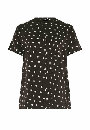 Blouse noire à manches courtes avec un motif à pois blancs et un col rond, présentée sur un fond blanc.