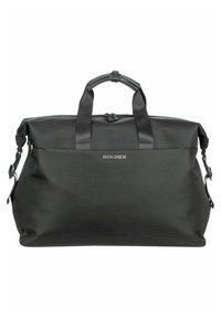 Sort duffel taske med et tekstureret stof, dobbelt top håndtag og en aftagelig skulderrem. Har en lynlåslukning og et logo-detalje foran.