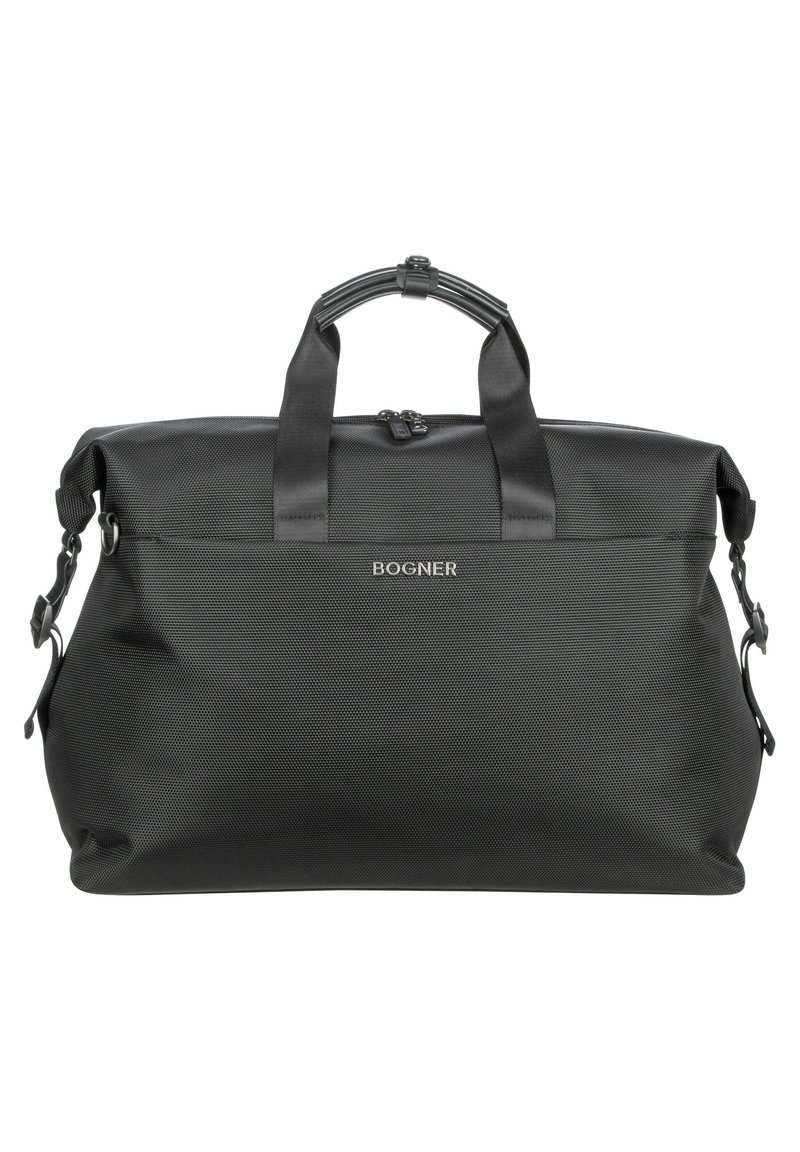 Sort duffel taske med et tekstureret stof, dobbelt top håndtag og en aftagelig skulderrem. Har en lynlåslukning og et logo-detalje foran.