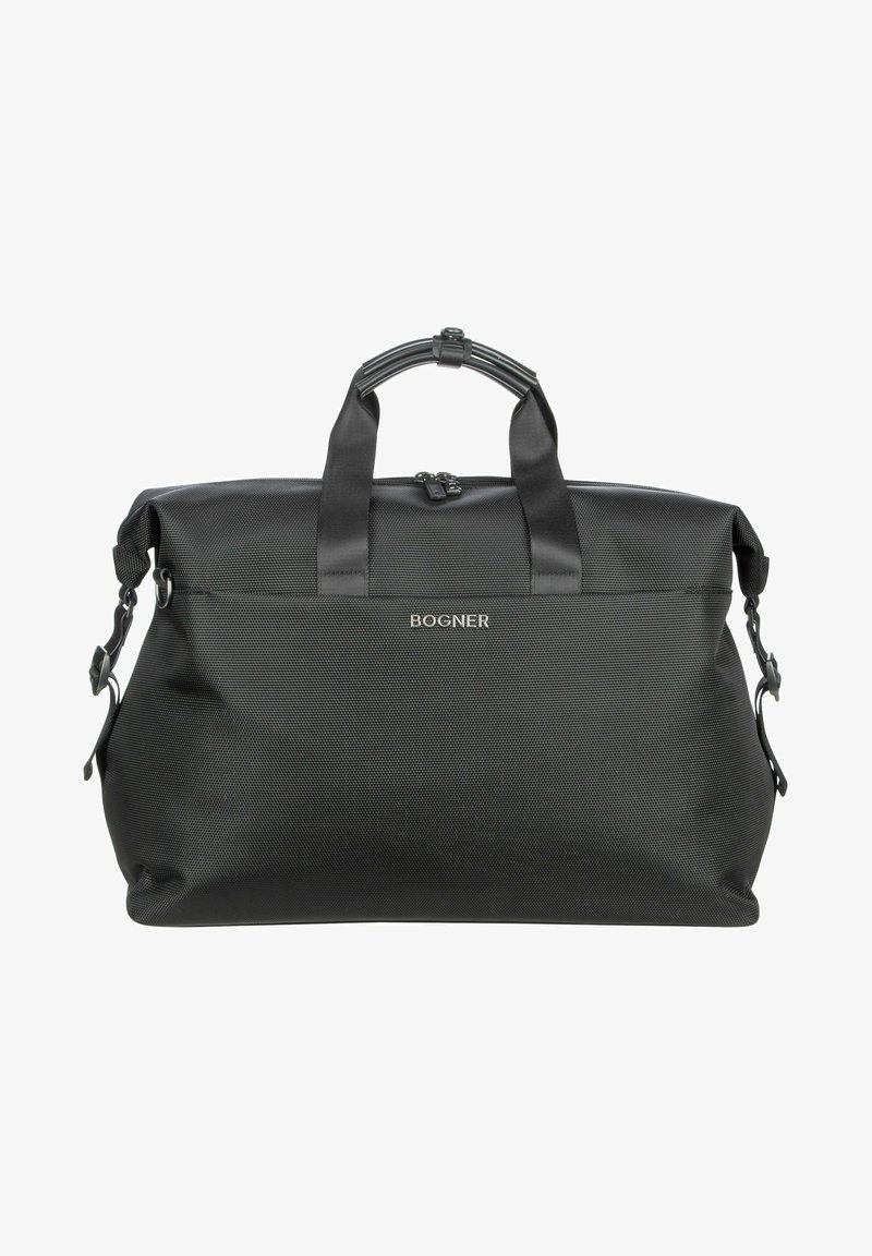 Sort duffel taske med et tekstureret stof, dobbelt top håndtag og en aftagelig skulderrem. Har en lynlåslukning og et logo-detalje foran.