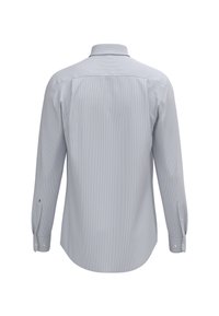 Lichtblauw gestreept shirt met lange mouwen, een klassiek kraagje, knopenmanchetten en een gebogen zoom. De stof heeft een gladde textuur.