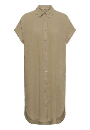 Vestido midi de manga corta color marrón claro con botones, cuello y ajuste relajado, que presenta un dobladillo ligeramente redondeado y tela texturizada.