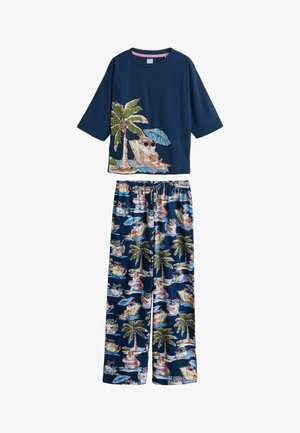Marineblaues Pyjama-Set mit tropischem Aufdruck, auf dem entspannte Nilpferde mit Sonnenbrillen unter Palmen und Sonnenschirmen zu sehen sind.