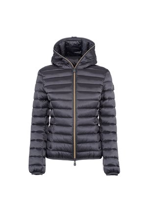 Zwarte pufferjack met capuchon, voorzien van horizontaal gestikte secties, een rits aan de voorkant en elastische manchetten voor warmte en comfort.