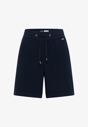 Shorts bleu marine longueur genou avec taille élastique et cordon, tissu texturé, et petite étiquette métallique de marque sur le côté.