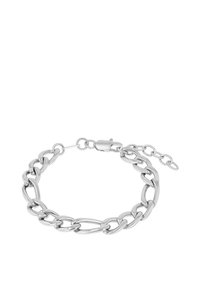 Bracciale in catena d'argento con anelli ovali e rotondi intrecciati, chiuso con un moschettone e con catena allungabile regolabile.