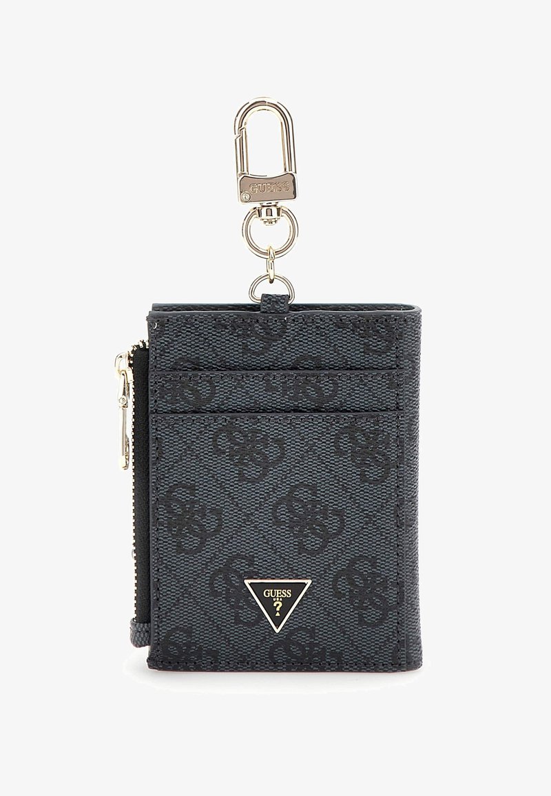 Porte-cartes noir texturé avec motif en relief, compartiment zippé, deux fentes pour cartes et un fermoir en métal doré pour attache.