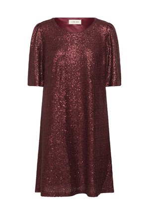 Bordowa sukienka z cekinami o okrągłym dekolcie, krótkich rękawach, luźnym kroju i błyszczącej strukturze, z gładką podszewką.