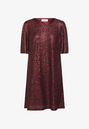 Bordowa sukienka z cekinami o okrągłym dekolcie, krótkich rękawach, luźnym kroju i błyszczącej strukturze, z gładką podszewką.
