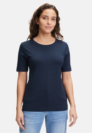T-shirt bleu marine à manches courtes en mélange de coton, avec un col rond, une texture lisse et une silhouette ajustée.