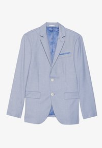 Hellblaue Blazer mit strukturiertem Finish, zwei Fronttaschen und einem knopfverschluss. Mit einfarbigem blauen Futter und einer Brusttaschenakzent.