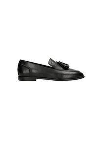 Schwarze Lederloafer mit flacher Sohle, versehen mit einer Quasten-Frontdetail und glatter Textur. Einfaches Design ohne sichtbare Logos.