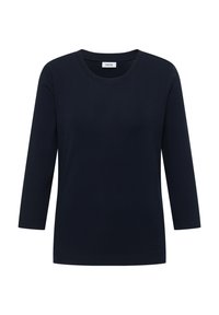 T-shirt à manches longues bleu marine en coton côtelé, avec un col arrondi et une coupe régulière. L'étiquette indique "CECI."