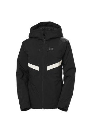 Schwarze wasserdichte Jacke mit Kapuze, ausgestattet mit reflektierenden weißen Streifen über der Brust, Reißverschluss und elastischen Manschetten für eine bessere Passform.