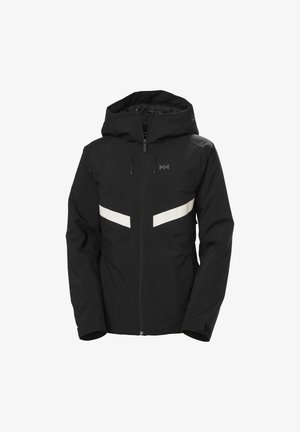 Schwarze wasserdichte Jacke mit Kapuze, ausgestattet mit reflektierenden weißen Streifen über der Brust, Reißverschluss und elastischen Manschetten für eine bessere Passform.