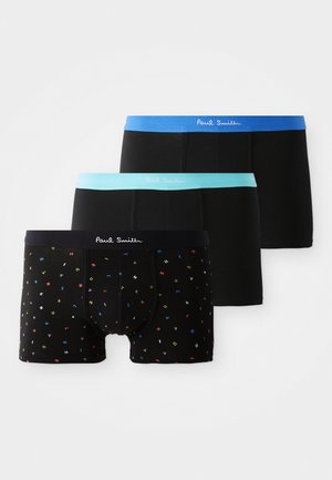 Trois paires de boxers pour hommes : noir avec des lettres multicolores, noir uni, et bleu uni avec ceintures élastiques. Matériau en coton, design ajusté.
