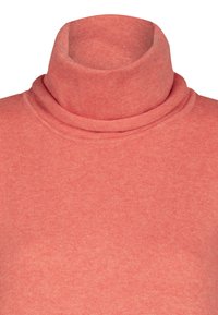Maglione a collo alto corallo realizzato in morbido materiale a maglia, con scollo a cappuccio piegato e orlo a costine. Texture liscia con leggera sfumatura.
