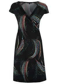 Robe noire à manches courtes avec un design portefeuille, ornée de motifs floraux colorés en rouge, bleu et crème sur un fond sombre.