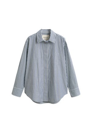 Blau-weiß gestreiftes, langärmliges Hemd mit Knopfleiste, Kragen und Brusttasche, auf weißem Hintergrund dargestellt.