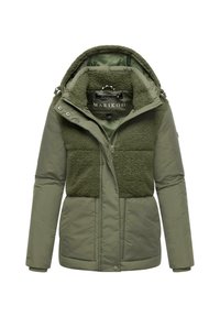 Olijfgroene jas met een bovenstuk in sherpa-stijl en gladde onderpanelen. Voorzien van een capuchon en ritsluiting.