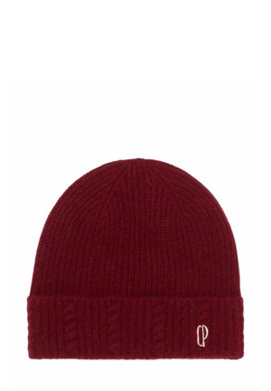 Berretto a maglia rosso con texture a coste e risvolto. Presenta un piccolo logo ricamato in bianco sul fronte. Materiale morbido ed elastico.