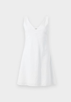 White linen dress with a V-neckline, fitted bodice, and flared skirt. The fabric has a slightly crinkled texture. No visible patterns or accents.