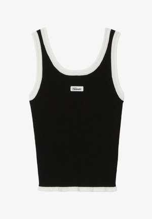Camiseta de tirantes negra acanalada con ribete blanco alrededor del cuello, las sisas y el dobladillo, con una pequeña etiqueta blanca de la marca en el pecho.