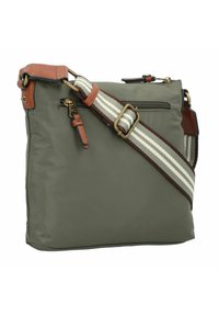 Olivgrüne Nylon-Tasche mit braunen Lederelementen, einem verstellbaren gestreiften Schultergurt und einer mit Reißverschluss versehenen Fronttasche. Flache rechteckige Form.