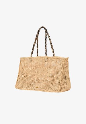 Woven straw tote bag in natural beige with two braided handles. Features an open design with textured surface and no additional embellishments.