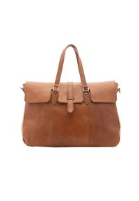 Borsa a mano in pelle marrone con una forma strutturata, una patta sovrapposta, doppi manici superiori e dettagli di cucitura discreti. Accessori in metallo color oro.