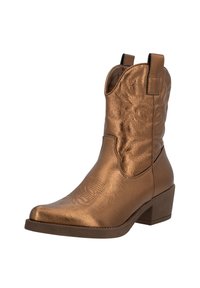 Bota de cowboy de bronce con un acabado mate, costuras decorativas, punta afilada y un tacón bajo. Cuenta con tiradores para facilitar su uso.