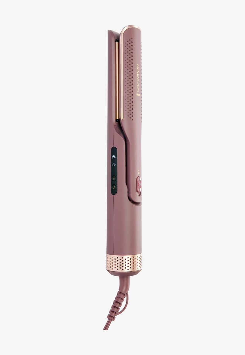 Remington hair straightener in a matte mauve finish with gold accents, a textured grip, controls on the side, and a corded design.