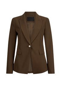 Blazer marrone realizzato in tessuto liscio, con un bottone in perla singolo, due tasche frontali, vestibilità su misura e colletto a punta.