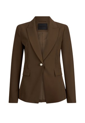 Bruine blazer van gladde stof, voorzien van een enkele parelknop, twee voorzakken, een getailleerde pasvorm en met een gesneden revers.