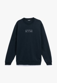 Sudadera marina de manga larga, cuello redondo y puños acanalados. Presenta texto blanco con "ELEVATE TU LOOK", "ENCARNA" y "PROGRESO."