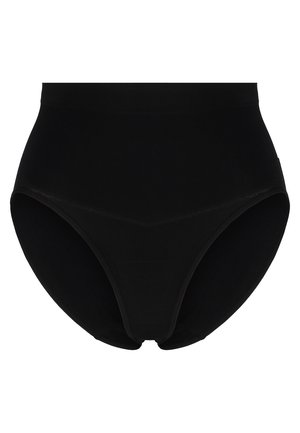 Höga svarta trosor tillverkade av glatt tyg. Har en sömlös design med en bred midjeband och full täckning.