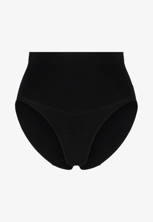Czarne majtki z wysokim stanem wykonane z gładkiego materiału. Posiadają bezszwowy krój, szeroką gumkę w pasie oraz pełne pokrycie.