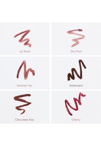 Six lipstick color swatches labeled Lip Blush, Shy Plum, Summer Tan, Americano, Chocolate Kiss, and Cherry on a white background.