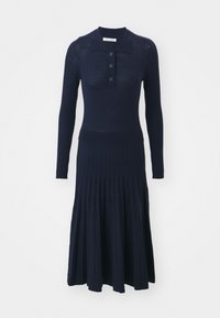 Navy ribbed knit dress with a collar, featuring a button placket, long sleeves, and a pleated skirt for a fitted silhouette.