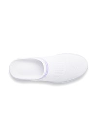 White slip-on shoe with a mesh texture, rounded toe, and a low heel. Features a subtle lavender accent near the opening. Anti-slip sole.