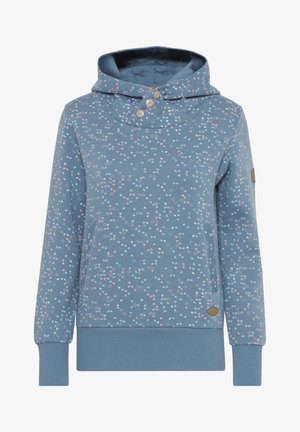 Hoodie bleu avec un motif composé de petits cercles de nuances variées de rose et de bleu. Comprend trois boutons et un patch logo.